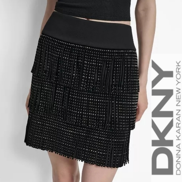 NWT DKNY Studded Fringe Mini Skirt- BLACK - Picture 1 of 4